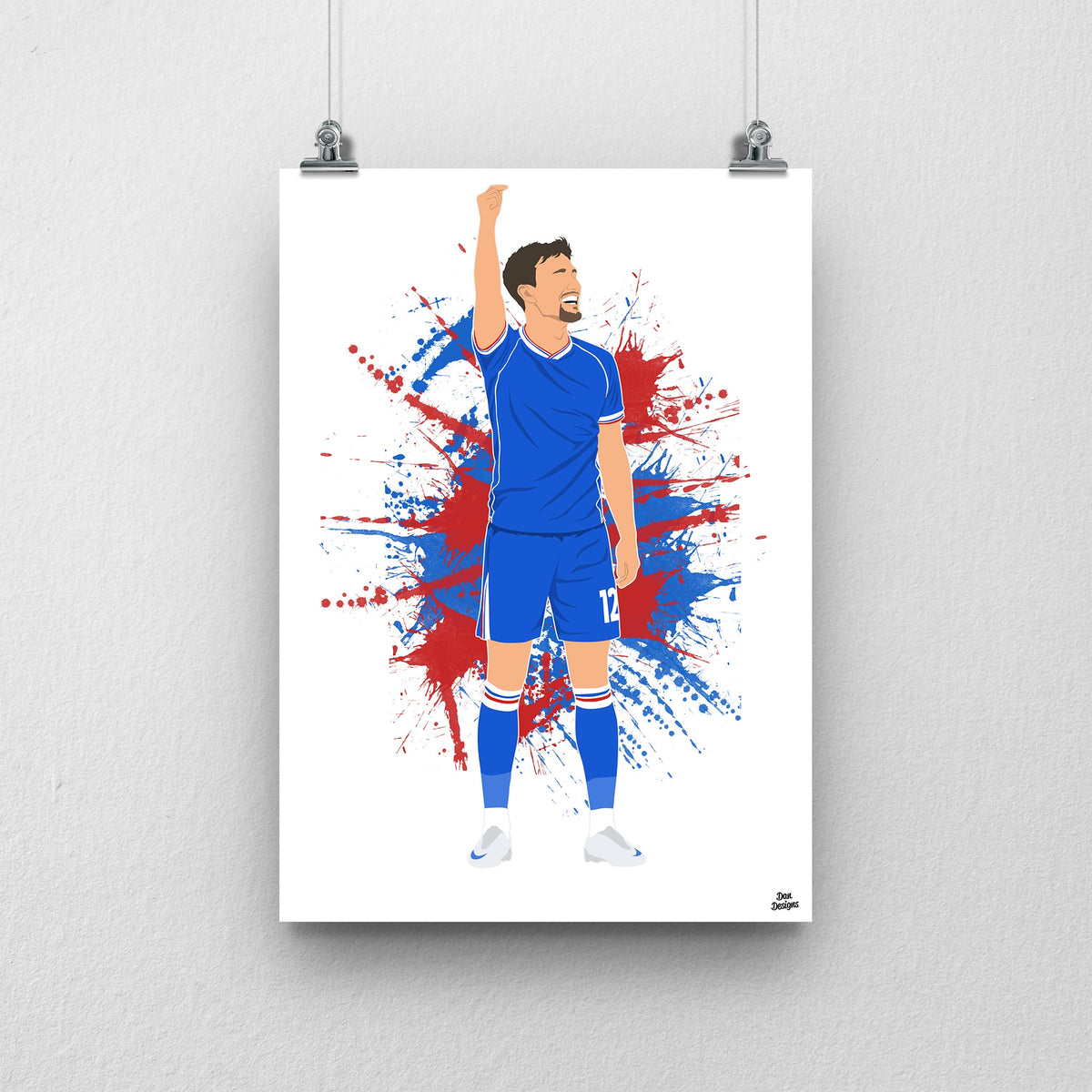 Ryan Galvin Carlisle United print showing his imaginary red card celebration against Harrogate, paint splatter background