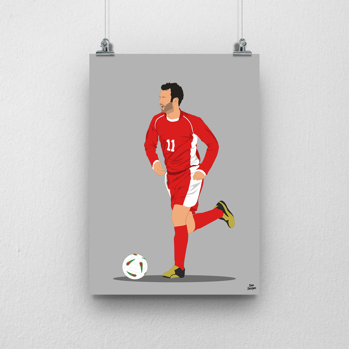 Ryan Giggs Wales print, running with the ball in the red Wales number 11 kit, on a grey background.