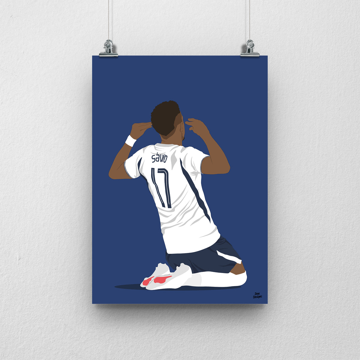 Sávio Tottenham art print, sliding on his knees with hands raised beside his head, viewed from behind with Sávio and number 17 on his shirt, with a navy blue background.