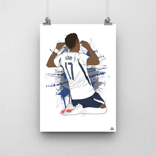 Sávio Tottenham art print, sliding on his knees with hands raised beside his head, viewed from behind with Sávio and number 17 on his shirt, with a paint-splatter background.