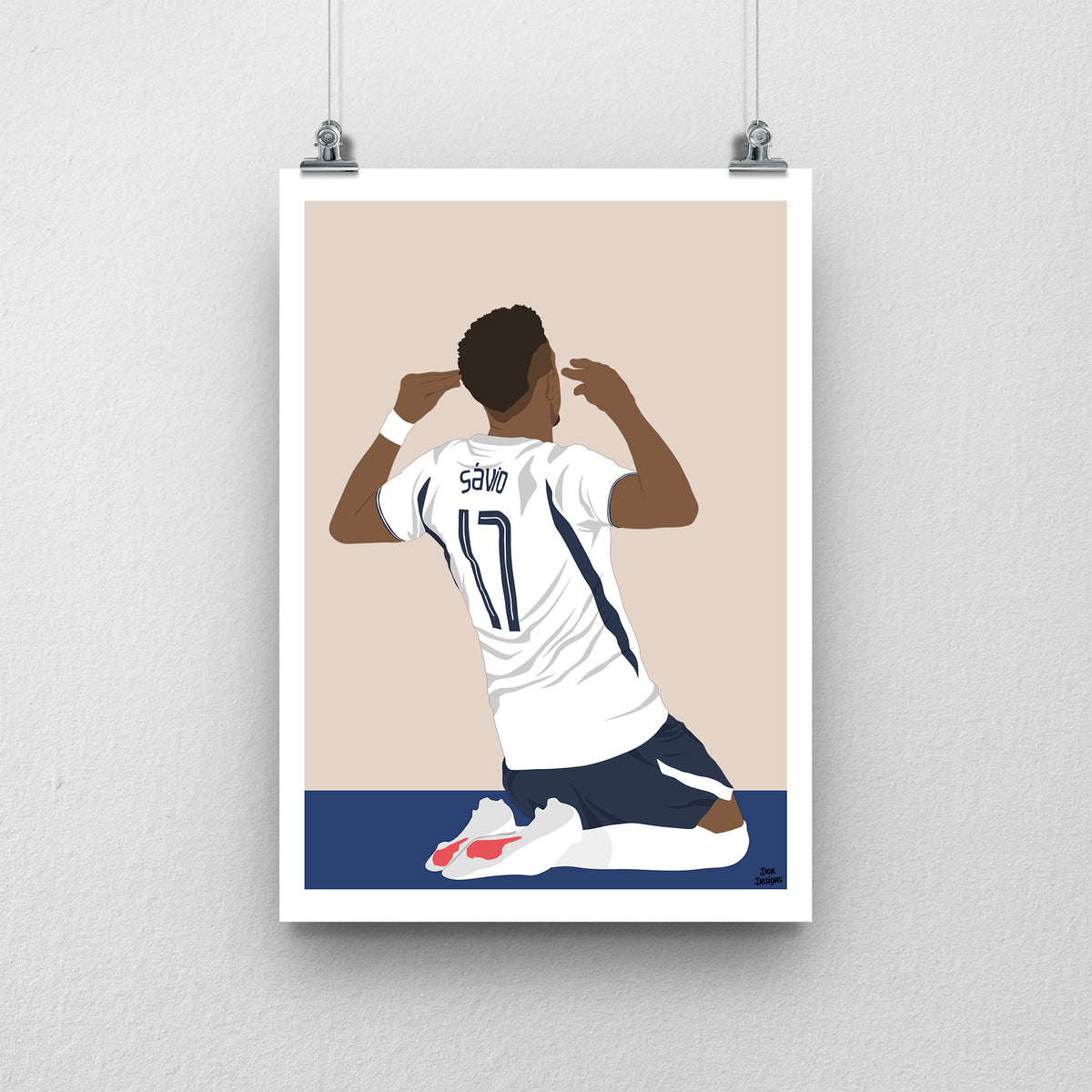 Sávio Tottenham art print, sliding on his knees with hands raised beside his head, viewed from behind with Sávio and number 17 on his shirt, with a beige background, white border and club-colour base.