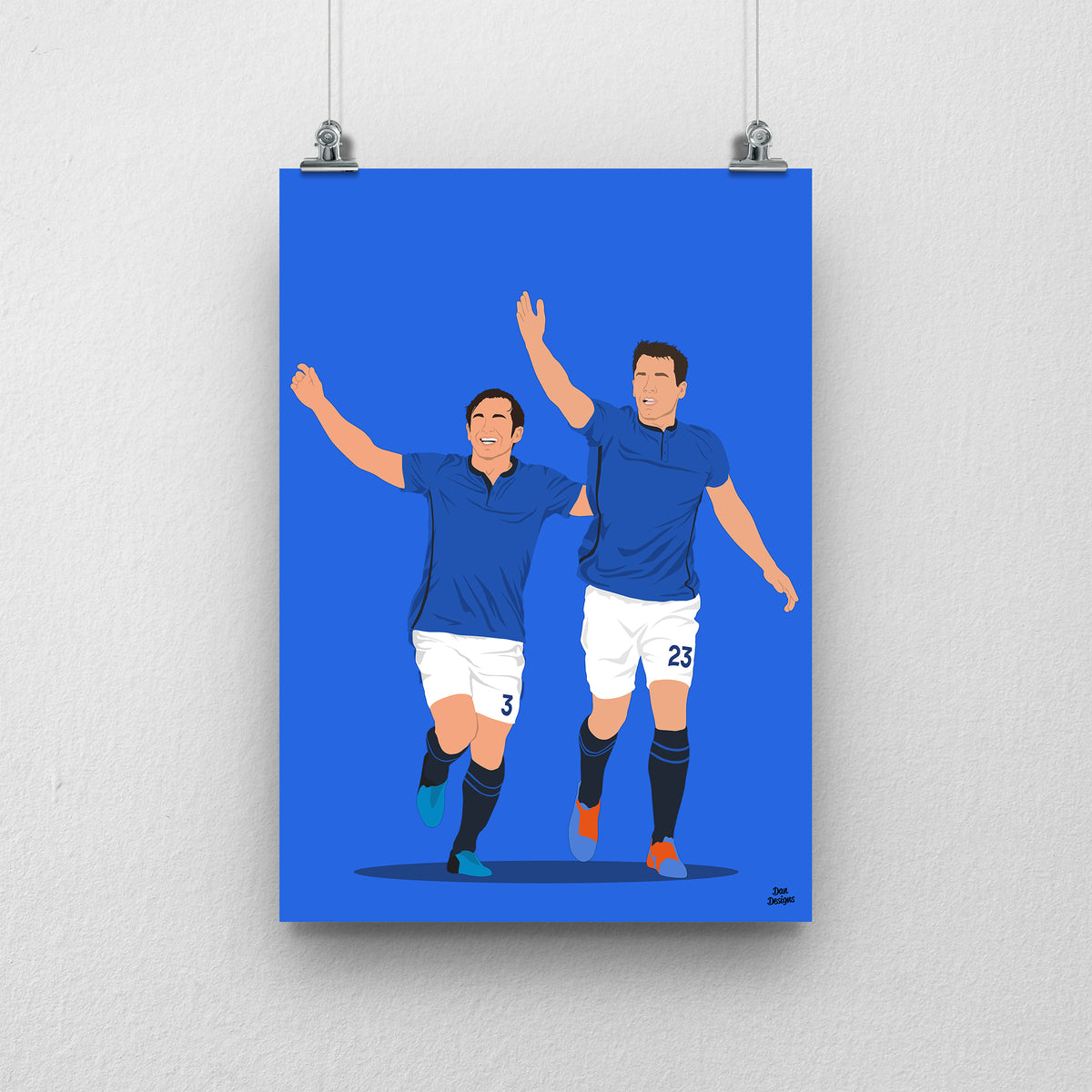 Seamus Coleman and Leighton Baines Everton print, running together with their arms raised in blue Everton shirts, on a blue background.