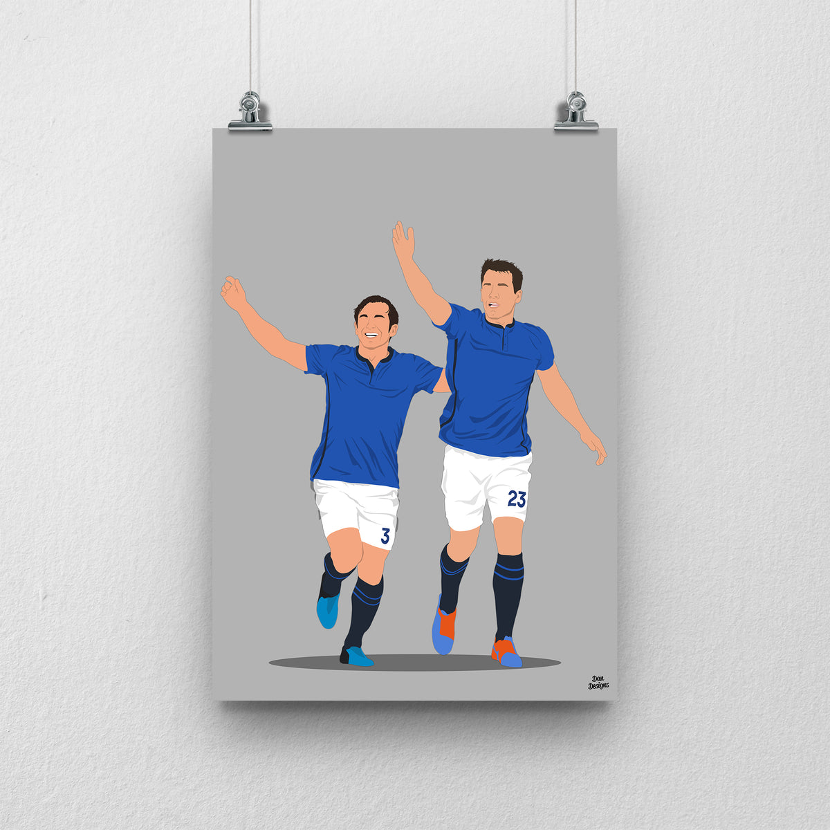 Seamus Coleman and Leighton Baines Everton print, running together with their arms raised in blue Everton shirts, on a grey background.