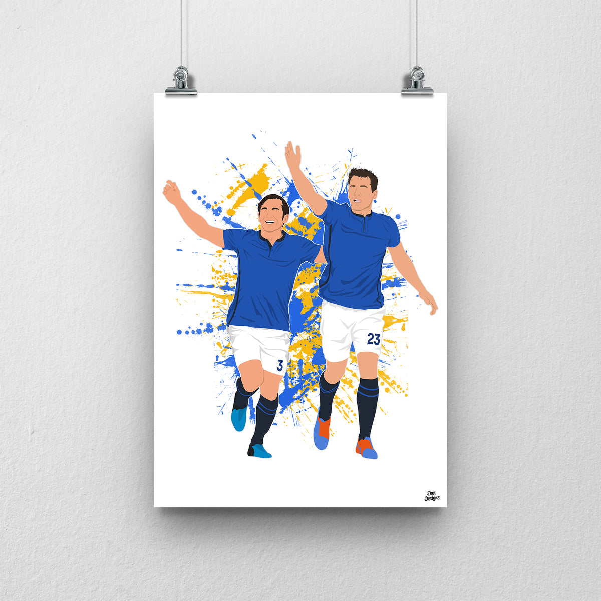 Seamus Coleman and Leighton Baines Everton print, running together with their arms raised in blue Everton shirts, on a blue and yellow paint-splatter background.