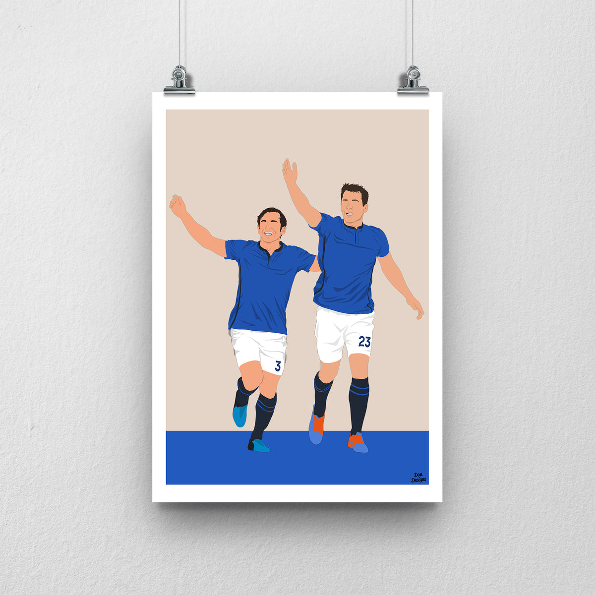 Seamus Coleman and Leighton Baines Everton print, running together with their arms raised in blue Everton shirts, with a beige and blue design and white border.