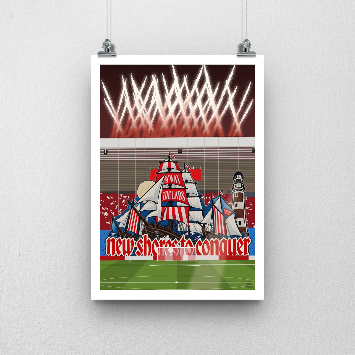 Sunderland New Shores to Conquer tifo illustration at the Stadium of Light, with ships, a lighthouse and fireworks.