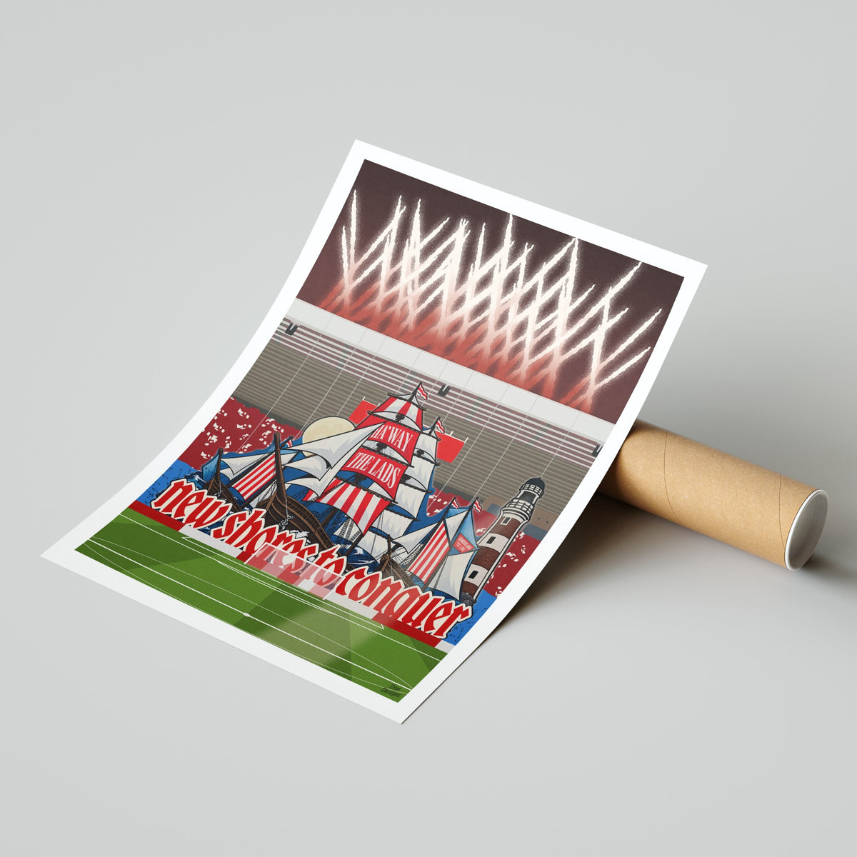 Sunderland New Shores to Conquer tifo print resting over a cardboard tube in a product mockup.