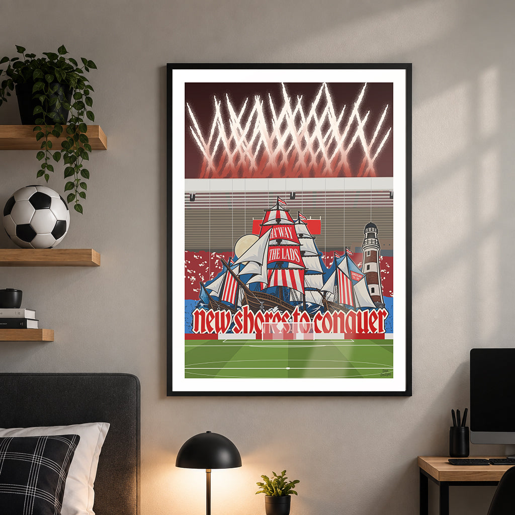 Wall mockup of the Sunderland Europa League tifo print in a black frame above a desk.