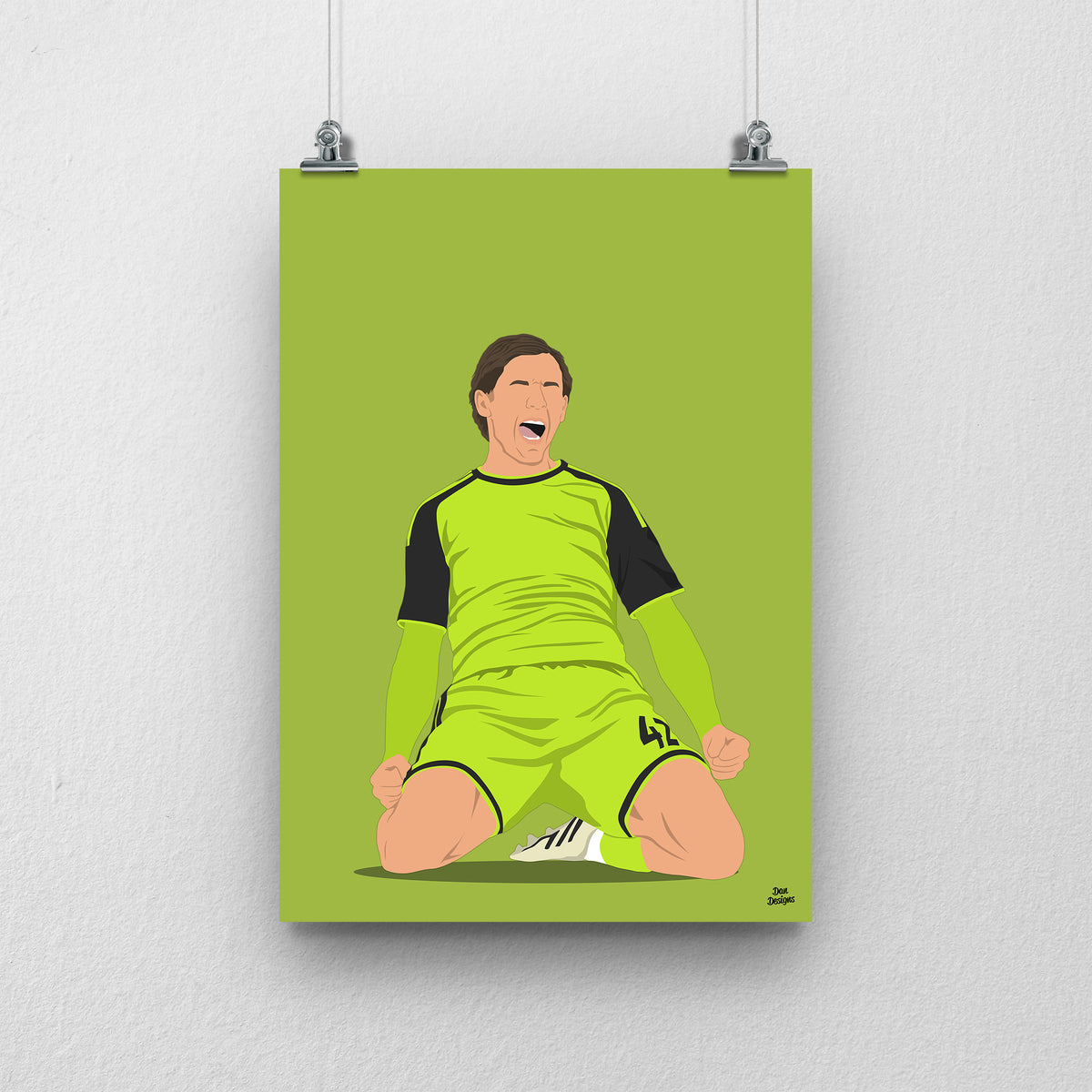 Sydie Peck art print, celebrating on his knees in Sheffield United's bright green kit with black sleeves, against a green background.