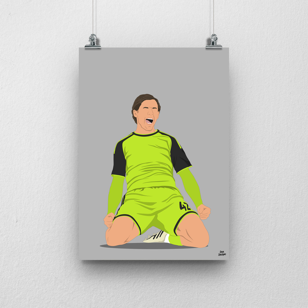 Sydie Peck art print, celebrating on his knees in Sheffield United's bright green kit with black sleeves, against a grey background.