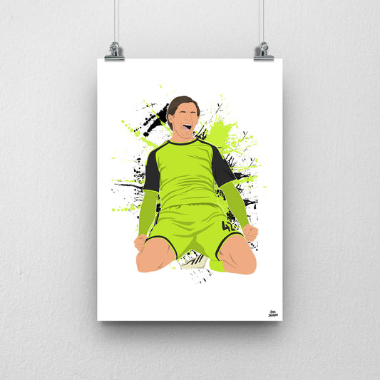 Sydie Peck art print, celebrating on his knees in Sheffield United's bright green kit with black sleeves, against a green-and-black paint-splatter background.