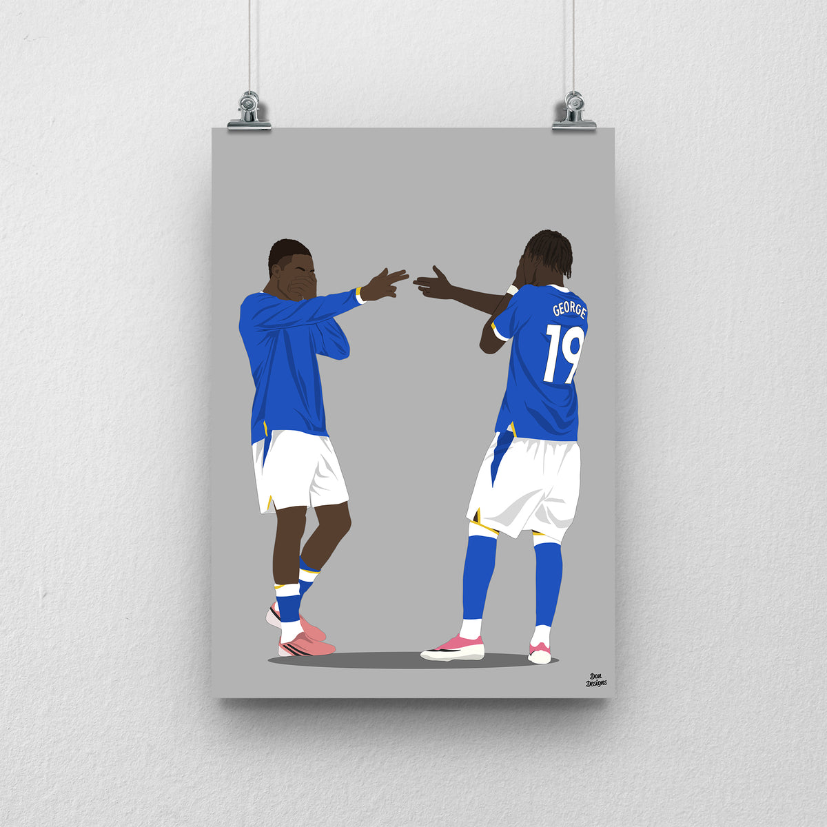 Thierno Barry and Tyrique George Everton print, celebrating together in blue Everton shirts, on a grey background.