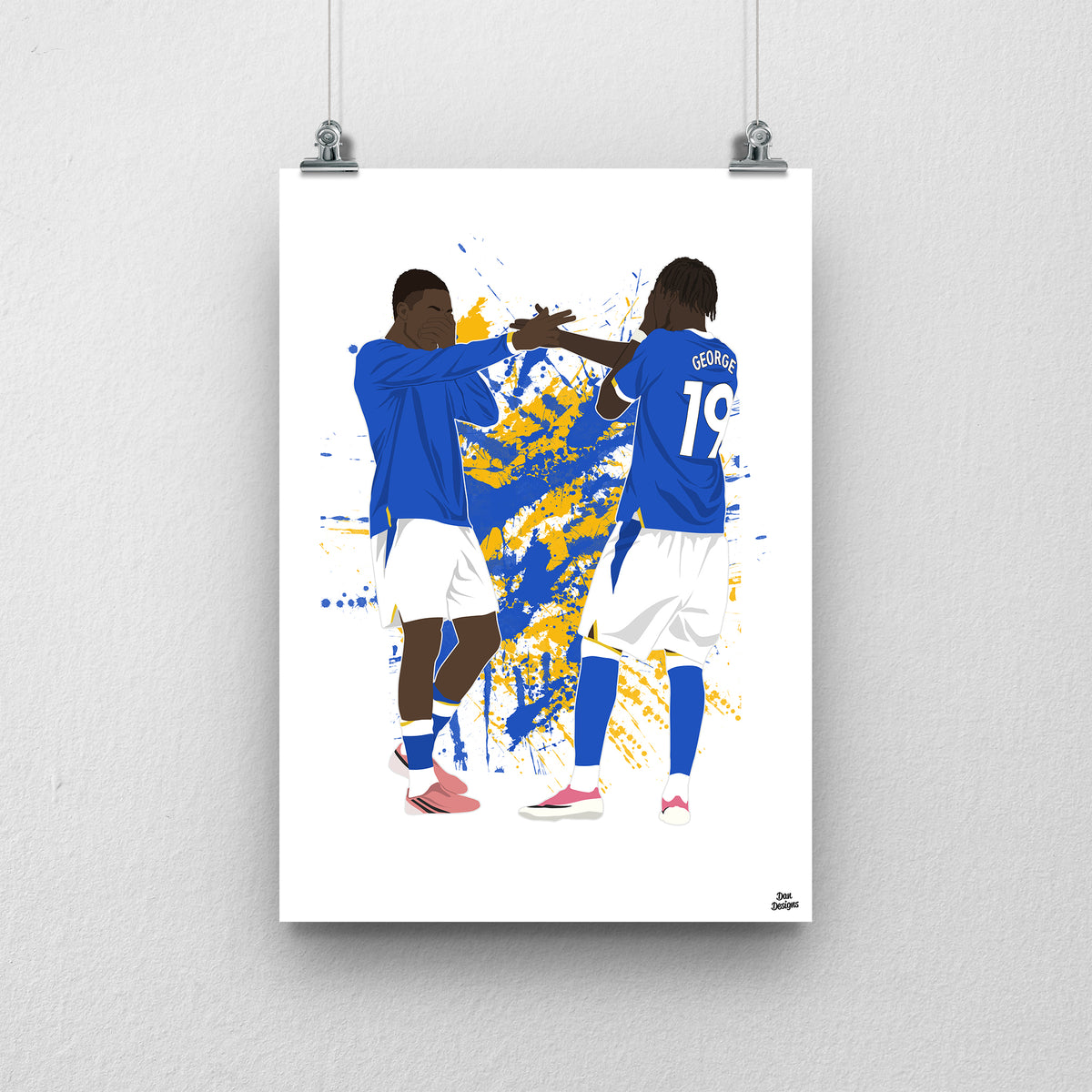 Thierno Barry and Tyrique George Everton print, celebrating together in blue Everton shirts, on a blue and yellow paint-splatter background.