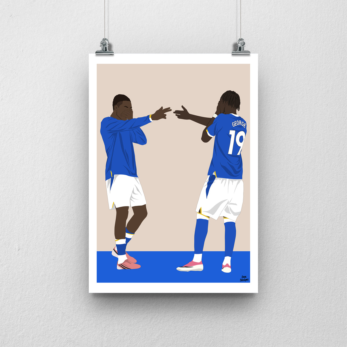 Thierno Barry and Tyrique George Everton print, celebrating together in blue Everton shirts, with a beige and blue design and white border.