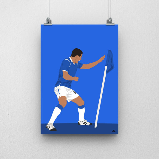Tim Cahill Everton print showing his corner-flag boxing celebration, on a blue background.