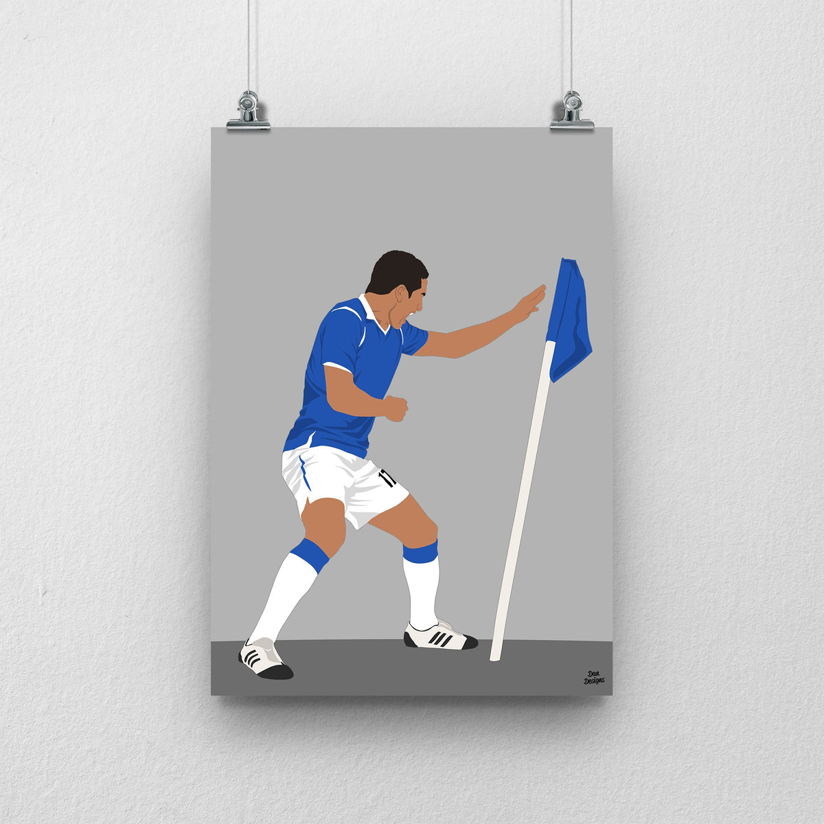 Tim Cahill Everton print showing his corner-flag boxing celebration, on a grey background.