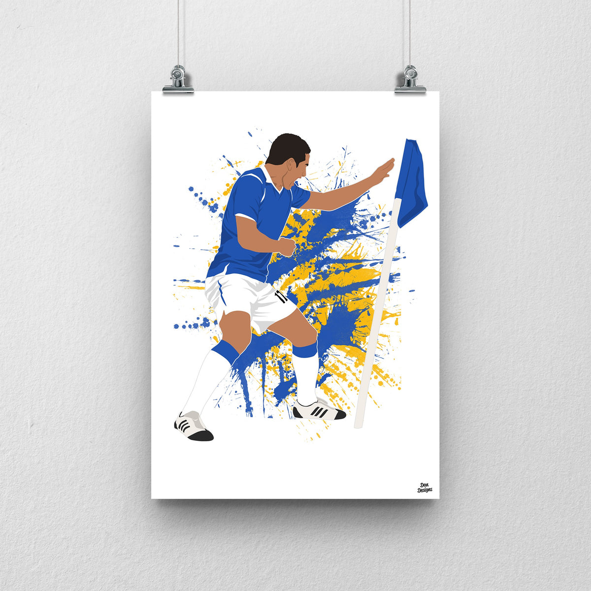 Tim Cahill Everton print showing his corner-flag boxing celebration, on a blue and yellow paint-splatter background.