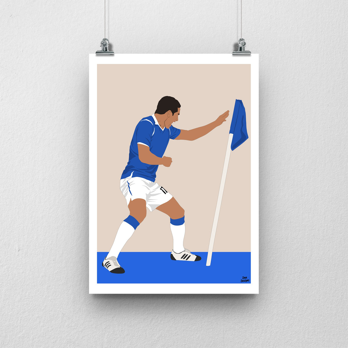 Tim Cahill Everton print showing his corner-flag boxing celebration, with a white border and beige background.