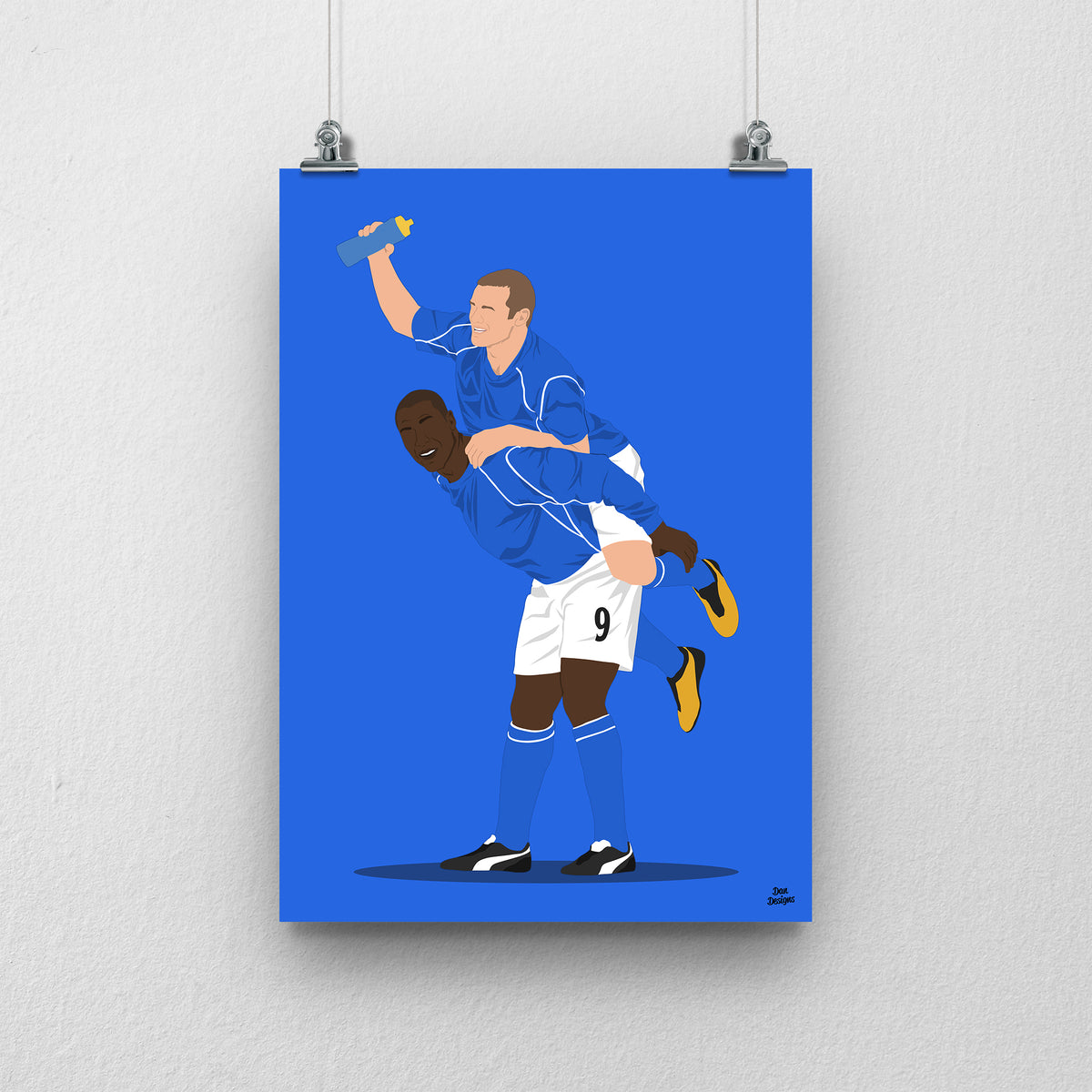 Wayne Rooney and Kevin Campbell Everton print, with Wayne Rooney riding on Kevin Campbell’s back in blue Everton shirts, on a blue background.