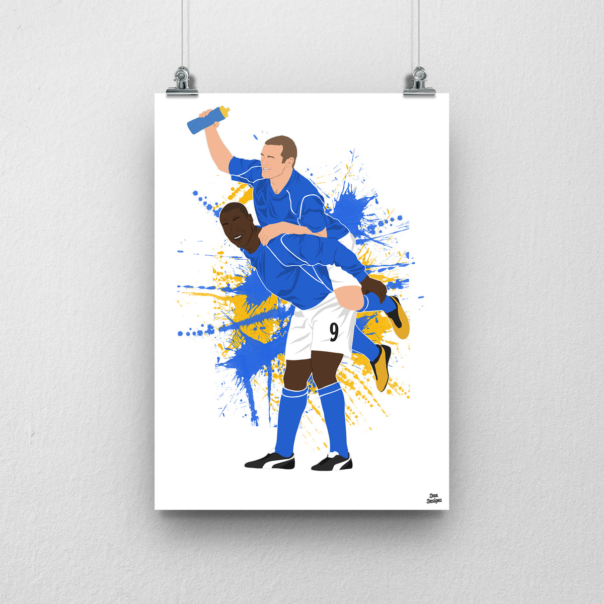 Wayne Rooney and Kevin Campbell Everton print, with Wayne Rooney riding on Kevin Campbell’s back in blue Everton shirts, on a blue and yellow paint-splatter background.