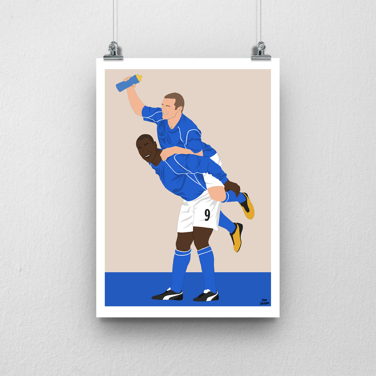 Wayne Rooney and Kevin Campbell Everton print, with Wayne Rooney riding on Kevin Campbell’s back in blue Everton shirts, with a beige and blue design and white border.