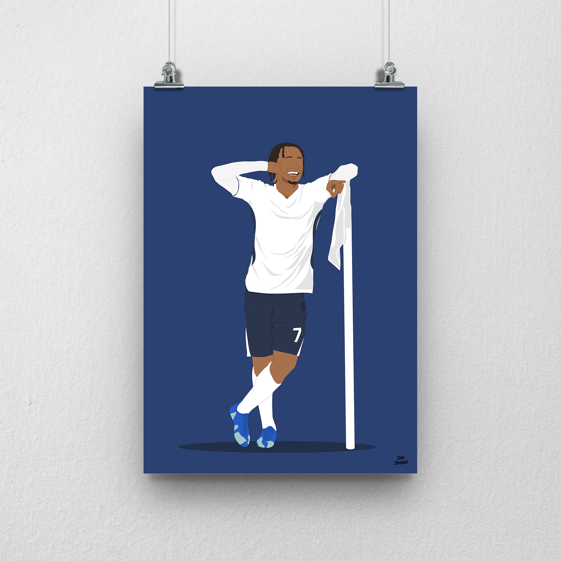 Xavi Simons Tottenham art print, posing beside a corner flag with one hand behind his head in a white Tottenham shirt and navy shorts, with a navy blue background.