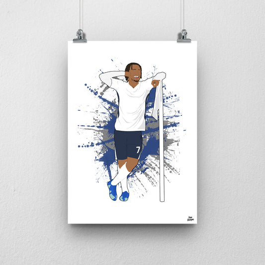 Xavi Simons Tottenham art print, posing beside a corner flag with one hand behind his head in a white Tottenham shirt and navy shorts, with a paint-splatter background.